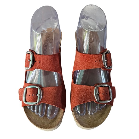 Shoes - Yokono Ibiza Women's 6.5 Rust Orange Suede Double Buckle Cork Wedge Sandals